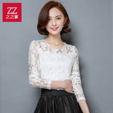 ZZ春季新款镂空女中长款大码宽松性感长袖打底衫女士带领蕾丝上衣