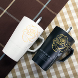 大容量黑白玫瑰情侣杯创意欧式水杯带盖勺咖啡杯陶瓷马克杯办公杯