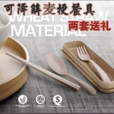 韩式儿童小麦便携环保旅行餐具盒筷子勺子叉子学生三件套套装包邮