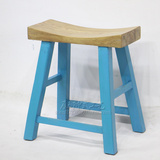 中式田园小凳实木做旧换鞋凳电视凳餐凳古典老榆木美式家具天蓝色