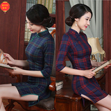 格子旗袍 改良短款春夏装新品复古中国风七分长袖大码修身日常款