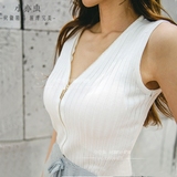 韩国夏季V领拉链无袖针织上衣气质性感时尚打底衫女T恤背心潮修身