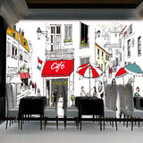 大型个性创意定制壁画手绘街景餐厅壁纸咖啡厅馆奶茶店休闲吧墙纸