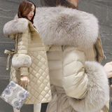 2015冬装新款韩版修身显瘦轻薄保暖连帽中长款狐狸大毛领羽绒服女