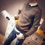 2015年特价韩版圆领羊绒衫原创男士套头长袖格子图案设计卫衣