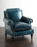 出口简约现代美式乡村真皮沙发椅进口意大利头层牛皮蓝绿色单人椅