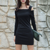 2016秋装新款女装韩版修身一字领露肩中长款打底衫包臀长袖连衣裙