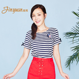 夏季女装韩版圆领条纹上衣修身短袖打底恤高档新款正品牌甜美时尚