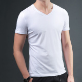 夏季男士纯色短袖T恤 V领莱卡棉男装半袖白色修身打底衫运动潮男T