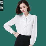 宿·色2015秋装新品韩版围巾领长袖衬衫 OL气质雪纺衬衣女