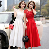 长裙女夏季韩版修身大红色短袖蕾丝白色仙女裙大码显瘦雪纺连衣裙