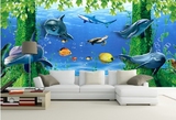 3d立体大型壁画现代简约儿童房 电视背景海底世界海豚墙纸壁纸