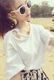 2016蘑菇街包邮韩版新款夏季纯色休闲单露肩五分袖T恤白色上衣女