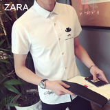 zara夏季短袖衬衫男士韩版青少年白衬衣夏装休闲纯色男潮男装衣服
