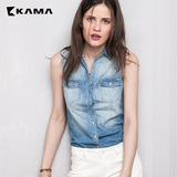 卡玛KAMA 夏季新款女装 时尚水洗刺绣纯棉无袖衬衫女 7215863