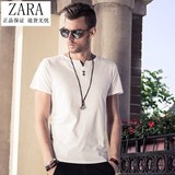 ZARA男装 香港代购夏装男士短袖t恤纽扣V领T恤纯色修身夏季新款潮