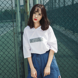 韩版夏季宽松中长款中袖t恤女学生百搭字母印花连帽半袖上衣T097