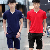 夏季男卫衣短袖T恤套装韩版修身青少年休闲衣服学生V领时尚套装潮