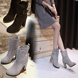 韩版新款秋冬套筒短靴裸靴高跟粗跟中靴真皮中筒磨砂女靴子女鞋潮