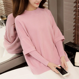 2016春装新款韩版纯色宽松假两件针织衫百搭圆领套头毛衣女
