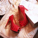 2016夏季超高跟粗跟鱼嘴单鞋性感水钻红色女婚鞋金色新娘鞋女鞋子