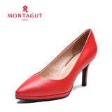 Montagut/梦特娇女鞋头层牛皮尖头细跟通勤套脚正装女皮鞋8096