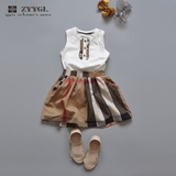 ZYYGL高品质夏季新款女童儿童背心短裙套装英伦学院风T恤格子短裙