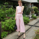 韩国女装代购2016夏款粉色后拉链背心＋休闲裤时尚套装