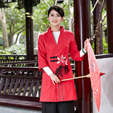 大红色新款中式长袖秋冬装外套 原创大码民族风中长款女装上衣