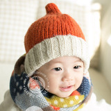 秋冬新款 针织毛线儿童帽子宝宝双色翻边粗毛线保暖帽 奶嘴帽子