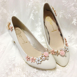 中式新娘鞋红色水钻蕾丝秀禾鞋 白色水晶伴娘鞋孕妇婚鞋高跟平底