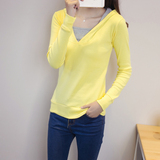 2016春装新款韩版女装修身长袖打底衫纯棉学生连帽假两件T恤
