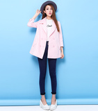 拉夏贝尔puella2015秋款粉色双排扣长袖外套风衣