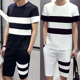 韩版夏季太空棉印花短袖T恤套装潮男士一套夏装学生运动套装大码