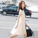 Amii[极简主义]2016夏季新款翻领中长款休闲白色短袖衬衫连衣裙女