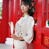中式民族风改良汉服女装春夏上衣手绘女式棉麻短款复古长袖t恤