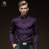 凡转秋季紫色个性印花长袖衬衫男士修身时尚青年衬衣 尖领潮2080