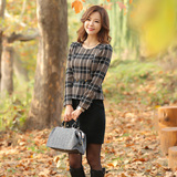 秋季新品韩版气质修身职业精品女装时尚长袖假俩件格纹加厚连衣裙
