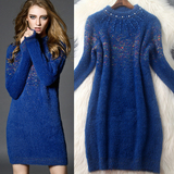 2015冬季正品女装新款欧美时尚手工订珠马海毛针织弹性显瘦连衣裙