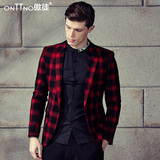 傲徒2015冬装新款韩版英伦修身格子西服男士外套休闲小西装男青年
