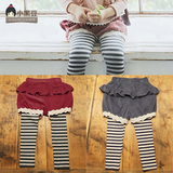 韩国童装女童秋冬装假两件条纹花边加绒灯笼裤儿童打底长裤子