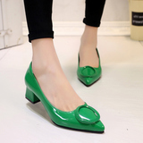 女鞋夏季新款粗跟尖头中跟5cm绿色高跟鞋粉色韩版方扣浅口女单鞋