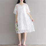 森女系新款套装裙白色中长款绣花小清新蕾丝两件套大码女装连衣裙