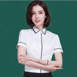 女夏白色短袖衬衫韩版黑领边修身显瘦正装通勤衬衣职业装S-G2000
