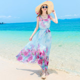 女士裙子海边度假沙滩裙2016夏季新款波西米亚长裙印花雪纺连衣裙