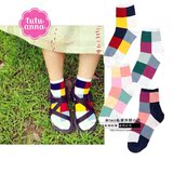 tutuanna 2016日本在售 纯棉拼色撞色方块全棉女短袜子 文艺学院