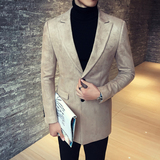 韩版毛呢修身中长款西装男英伦风流行呢子外套2016年潮流新款西装