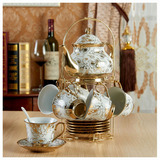 土豪金 陶瓷咖啡杯碟套装欧式办公室杯子红茶茶杯带壶送铁架送勺