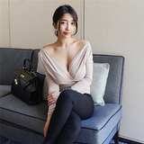 韩国女装正品代购2016春装新款大V领性感低胸露肩长袖修身t恤上衣