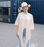 2016韩国代购Chuu夏季新款韩版宽松中长款开叉系带圆领中袖女T恤